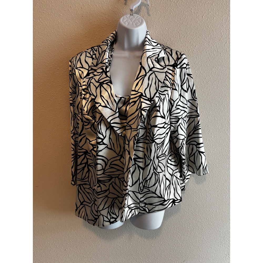 Alex Evenings 2 Piece Jacket Tank Set 1X Silver Black Vintage Leaf Print Formal